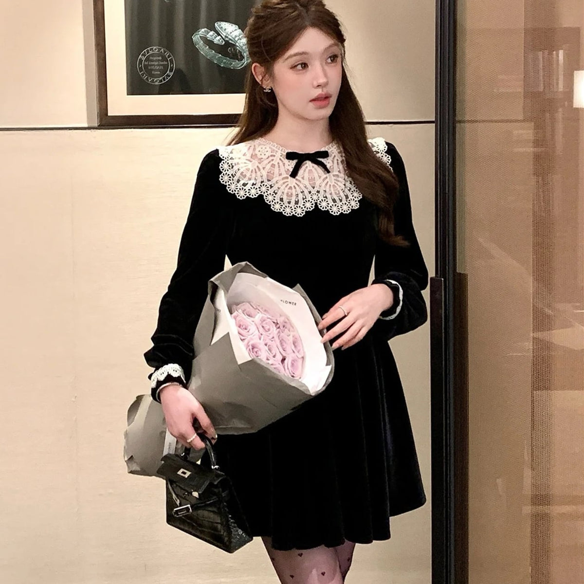 【dress】レースドッキングベロアワンピース　N3415