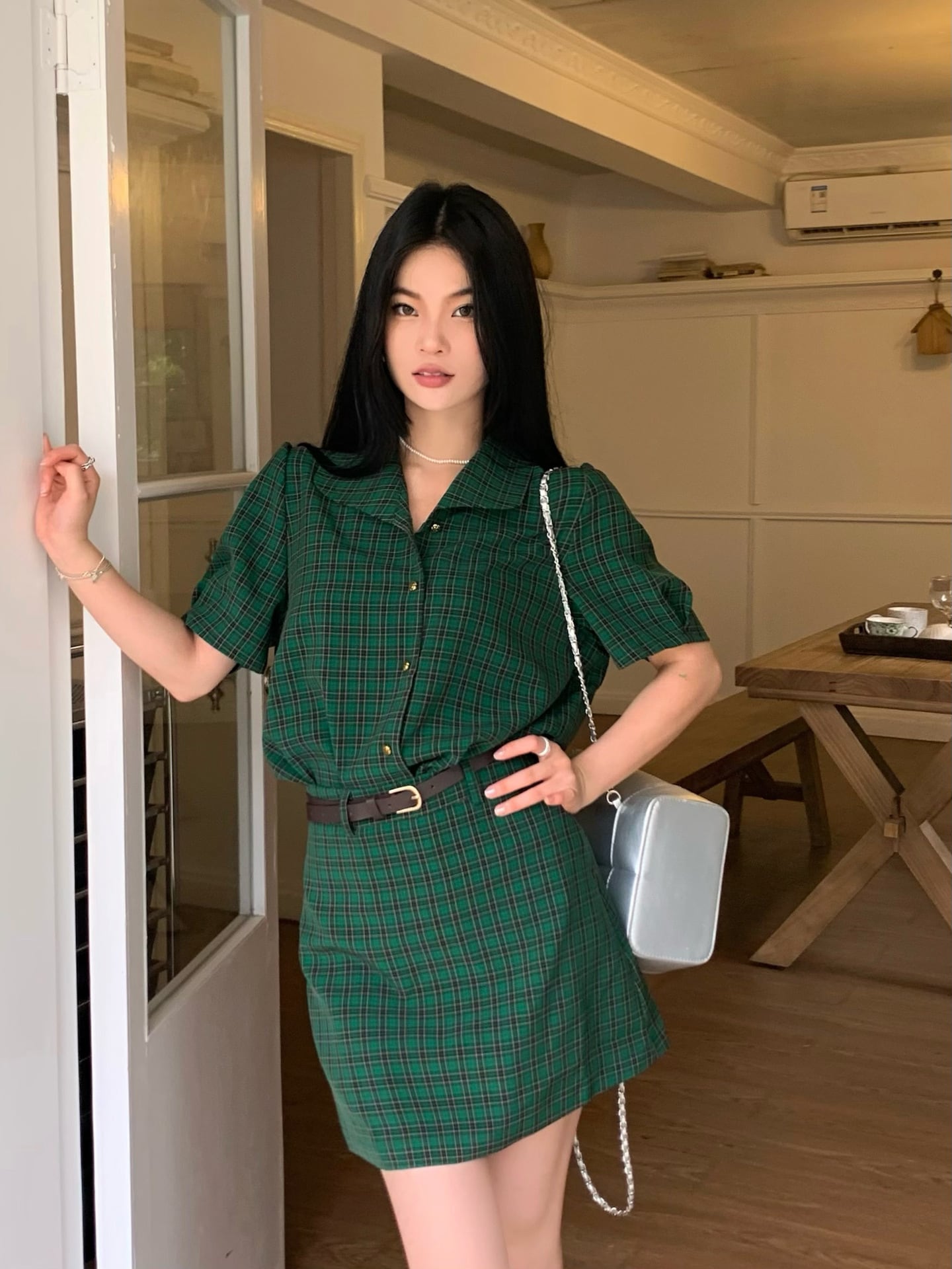 【set】チェック柄ブラウス+スカート２点セットG21572