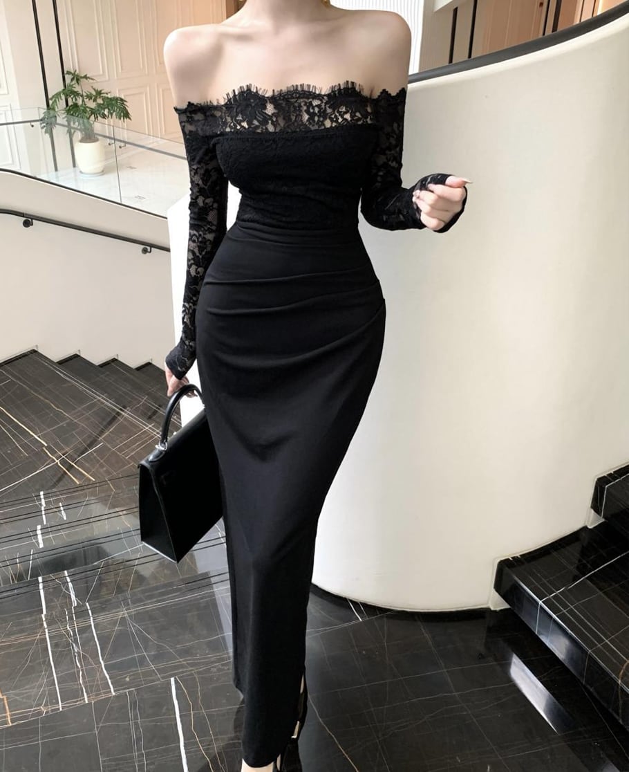 【dress】オフショルダーレースドッキングワンピース Q7421