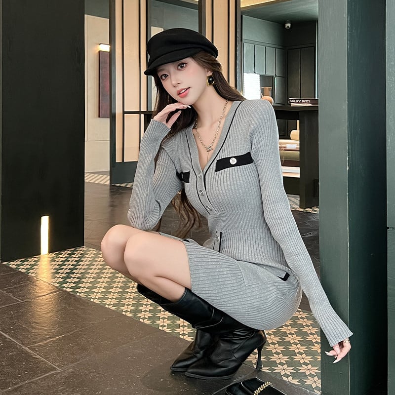 【dress】Vネックタイトニットワンピース Q6776