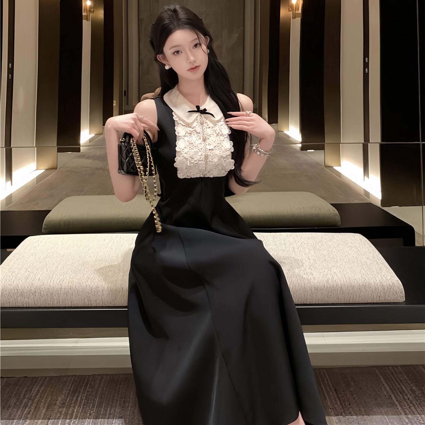 【dress】ノースリーブレースドッキングワンピース　M31116