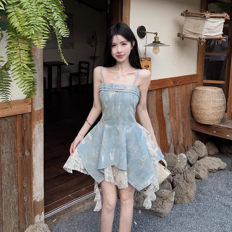 【dress】レースドッキングデニムキャミワンピース Q8340