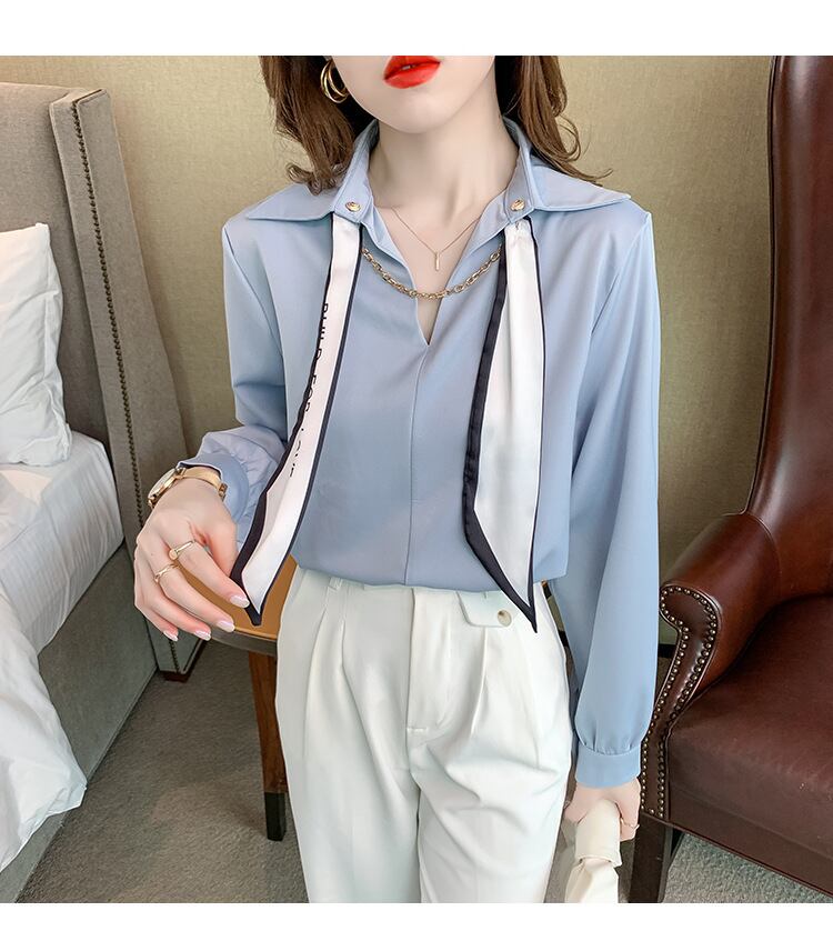 【tops】韓国ファッションラペル長袖無地ファッション着回しOL通勤シャツF0664