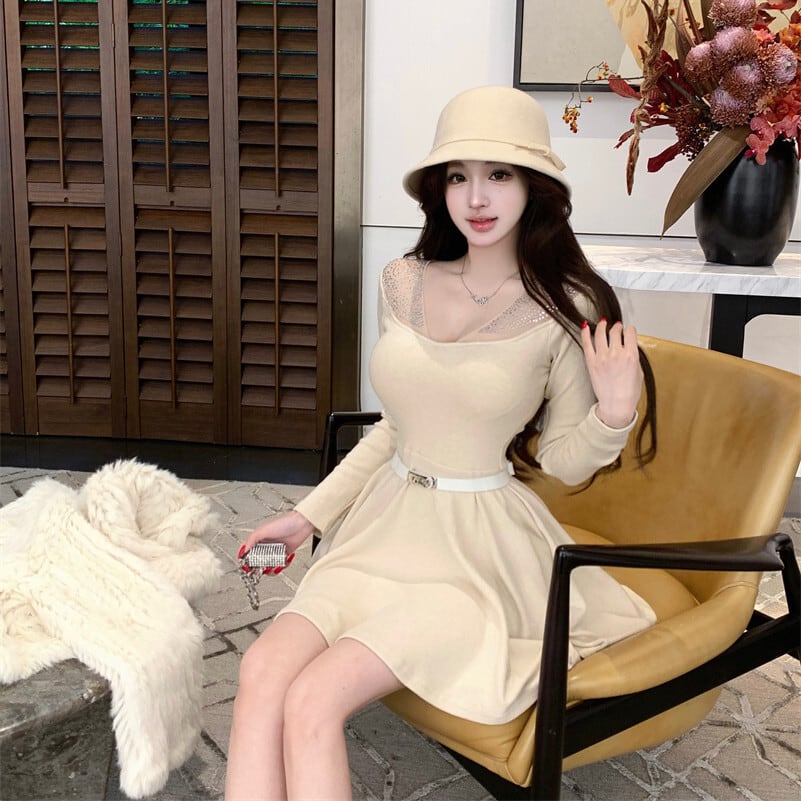 【dress】ラインストーンチュールニットミニワンピース　N3508