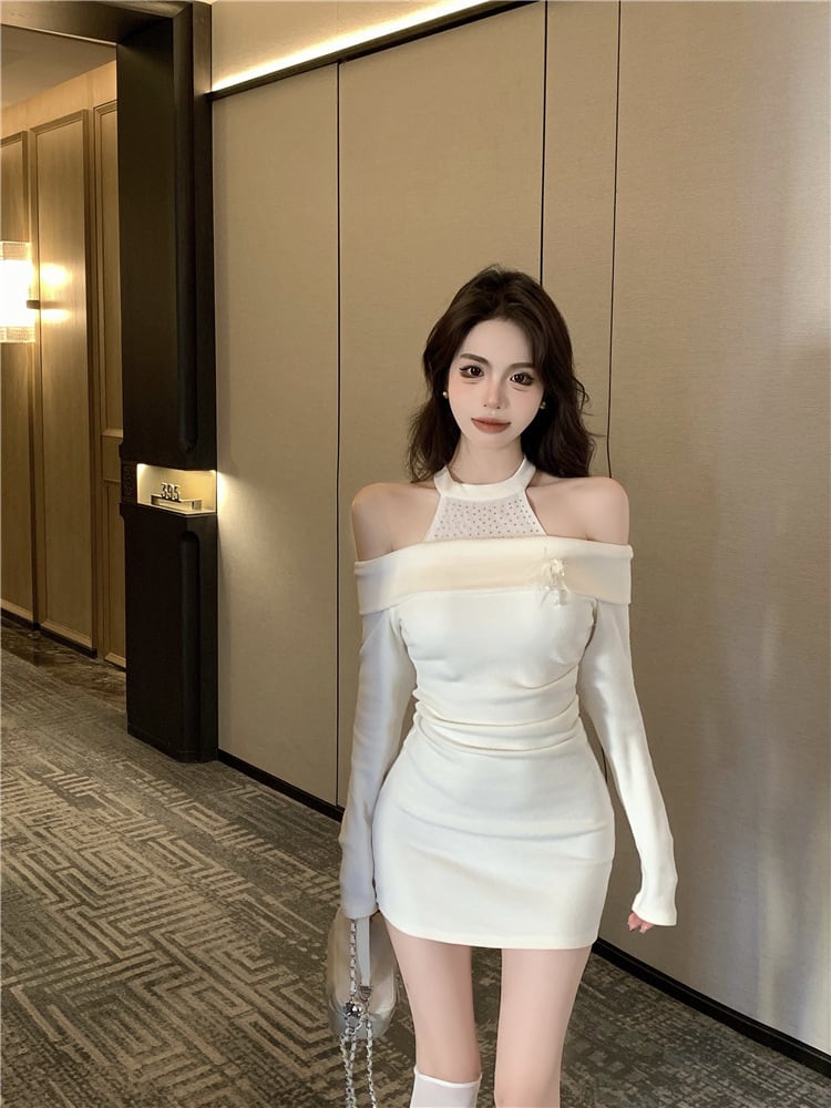 【dress】オフショルダーレースドッキングワンピース　M27996