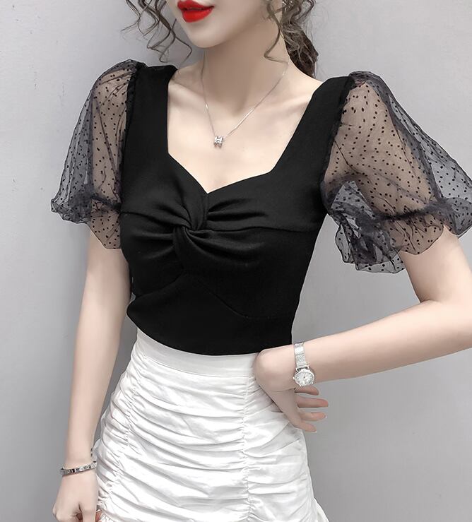 【tops】韓国風INS風スクエアネックメッシュ半袖着やせ無地TシャツF2235