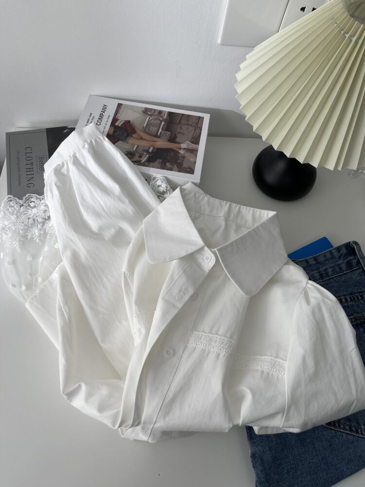 【tops】レース切り替えシャツブラウス　M29700