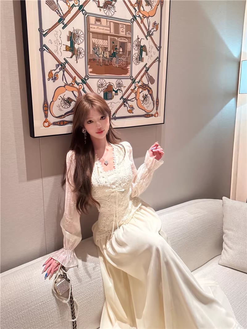 【set】スクエアネックレーストップス×ロングスカートセット Q8018