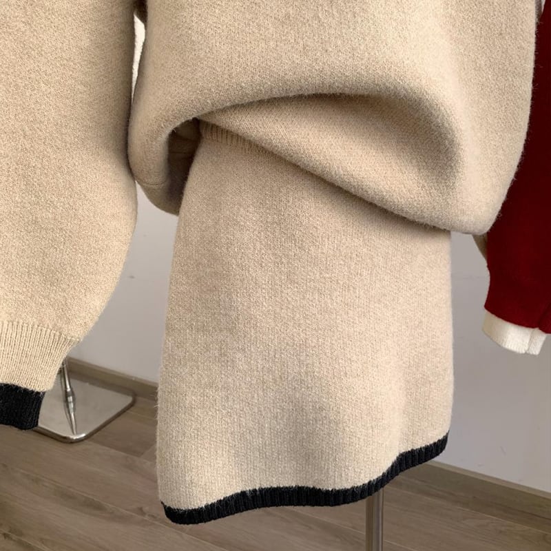 【set】フェイクレイヤードニットトップス×ミニスカートセット Q7716
