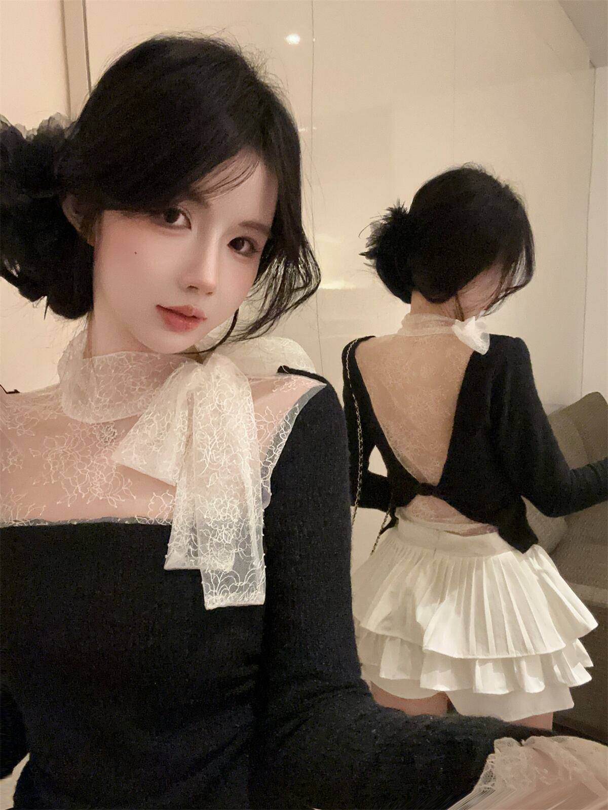 【tops】レースドッキングニットトップス　N2909