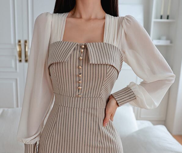 【dress】ファッション!気質満点レトロシフォン切り替え体型カバータイトワンピース G4907