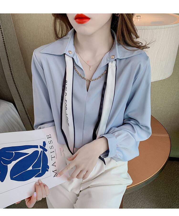 【tops】韓国ファッションラペル長袖無地ファッション着回しOL通勤シャツF0664