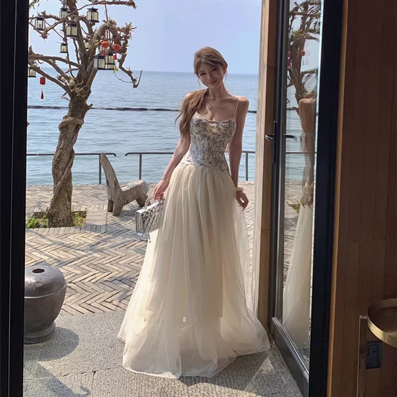 【dress】チュールドッキング花柄キャミワンピース Q8398