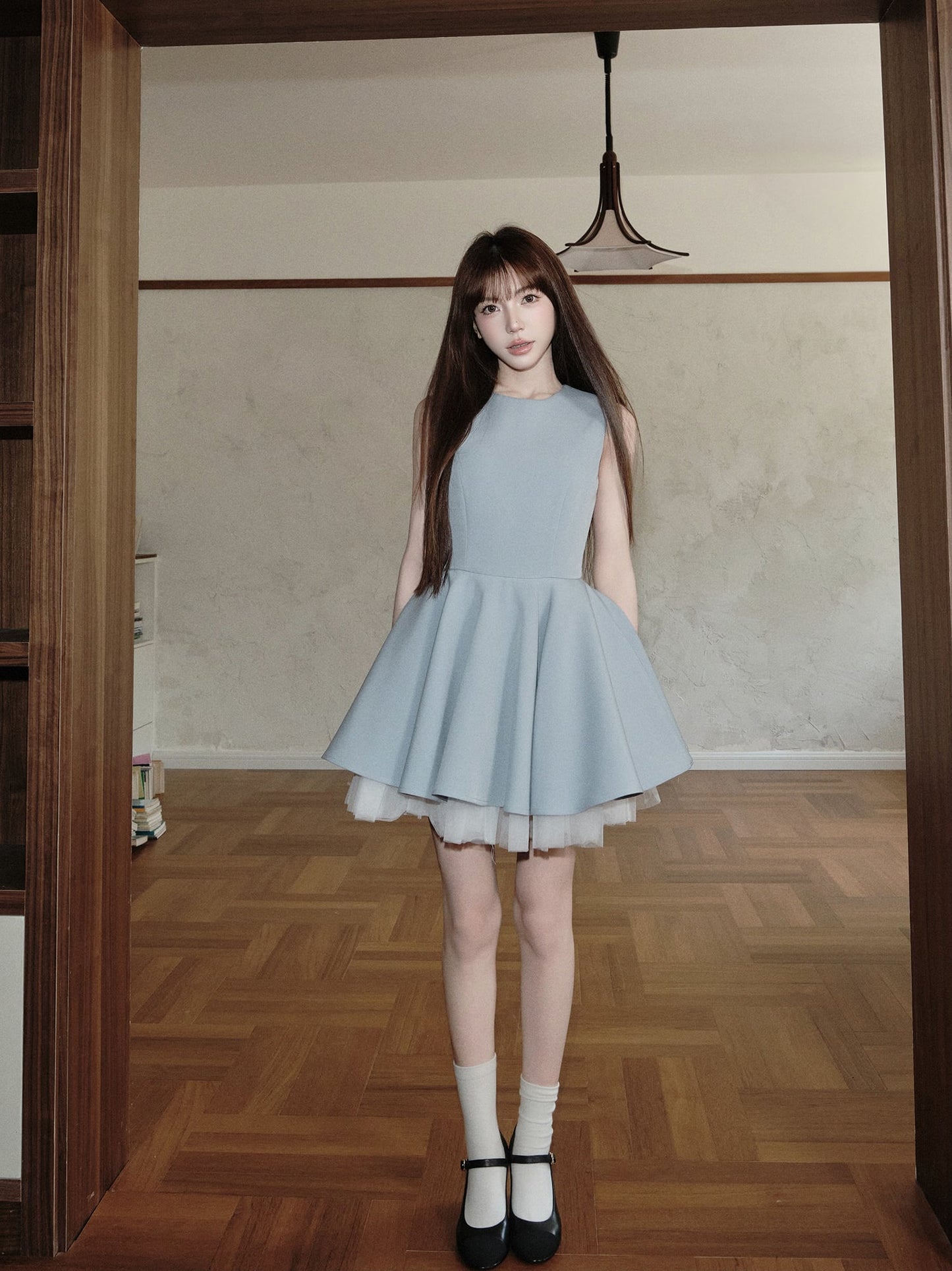 【dress】チュールドッキングノースリーブワンピース　N3093