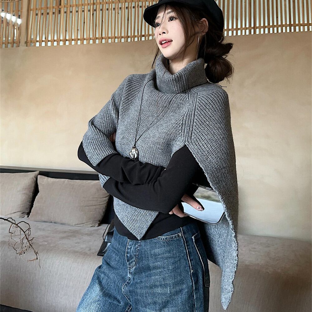 【set】長袖トップス×ニット不規則 イレギュラーケープセット　M28433