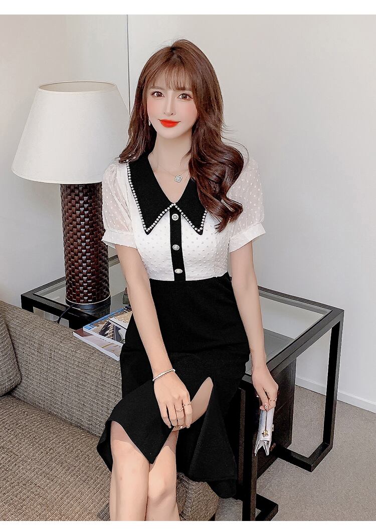 【dress】気質満点スリットマーメイドドールカラーセーターパフスリーブワンピース