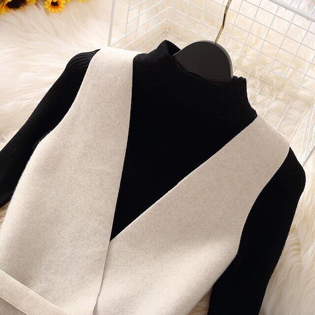 【set】好感度満載！秋冬新作Vネックベスト+無地セーター+美シルエットスカート通勤日常3点セットF1295