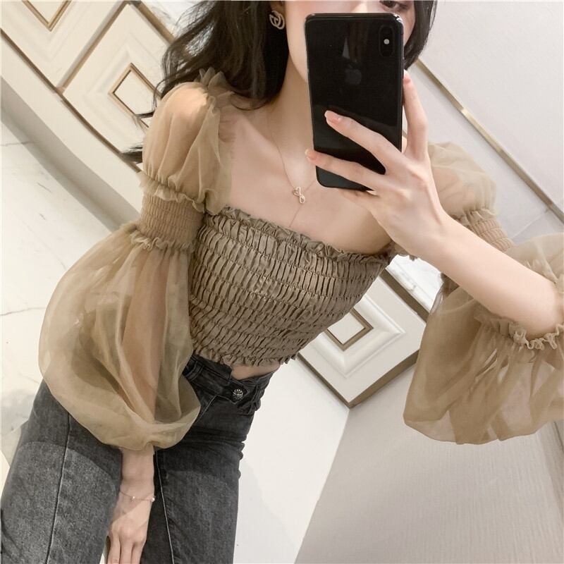 【tops】オシャレ度満点〜2wayオフネックメッシュ切り替え長袖着回し無地ブラウスF0566