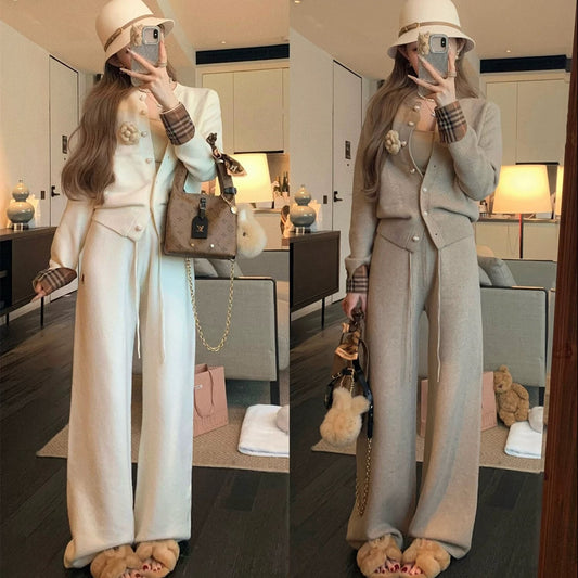 【set】チェック柄切り替えニットカーディガン×ワイドパンツセット　N3307