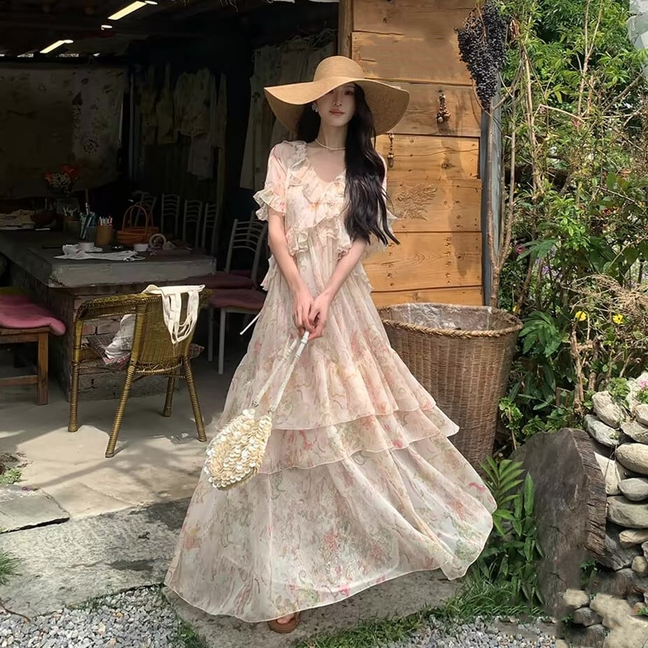 【dress】フリルプリントロングワンピース  N3575