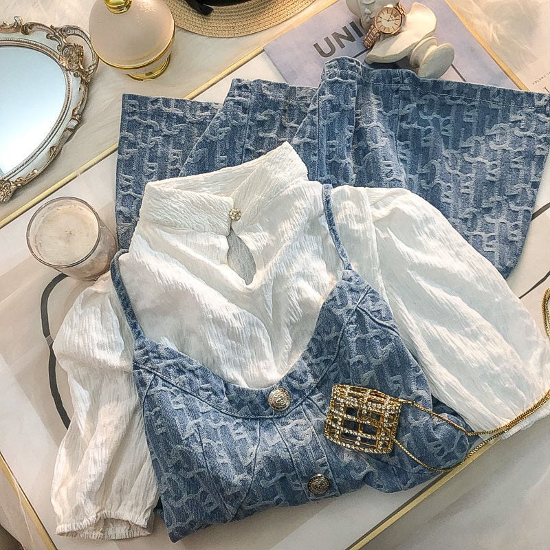 【set】今季大好評半袖無地ブラウス+デニム配色キャミワンピース気質満点セットアップF5489