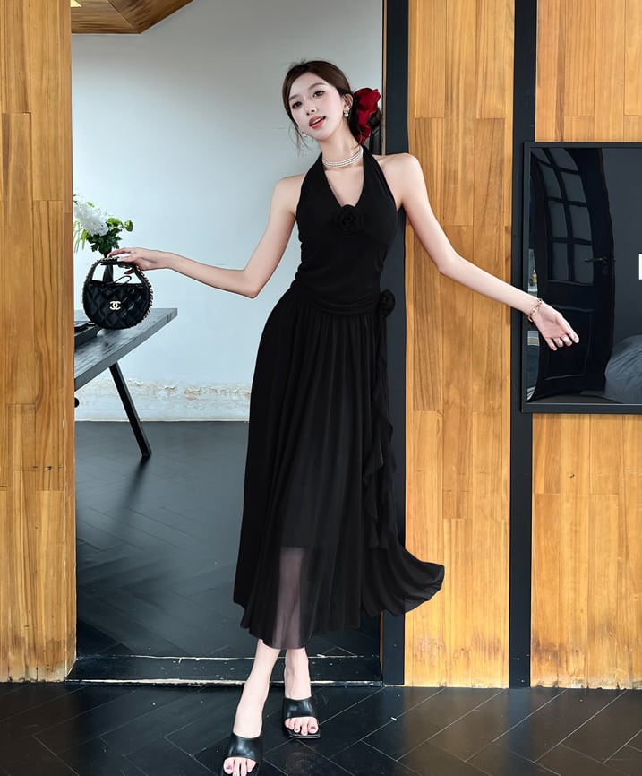 【dress】ノースリーブホルターネックロングワンピース Q8190