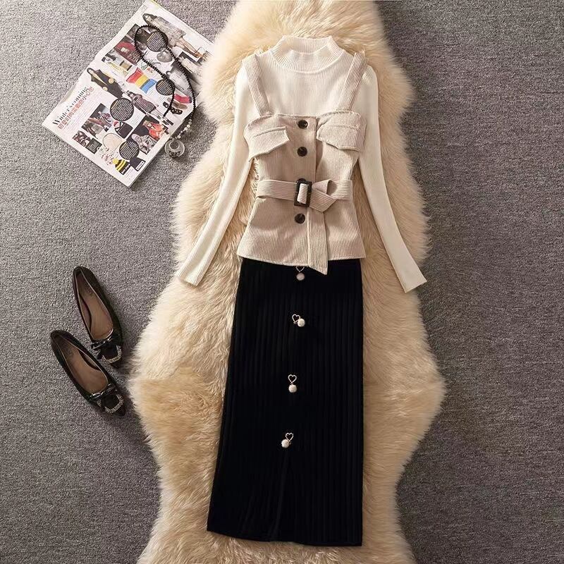 【set】3点セットウェスト絞りベスト+無地セーター+体型カバースカート通勤日常秋冬新作セットアップF1292