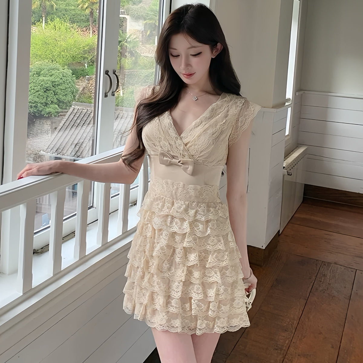 【dress】リボン付きティアードミニワンピース　N3556