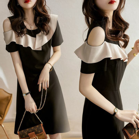 【dress】美感いっぱい? ?オフショルダーフリルデザイン配色デートワンピースF0048