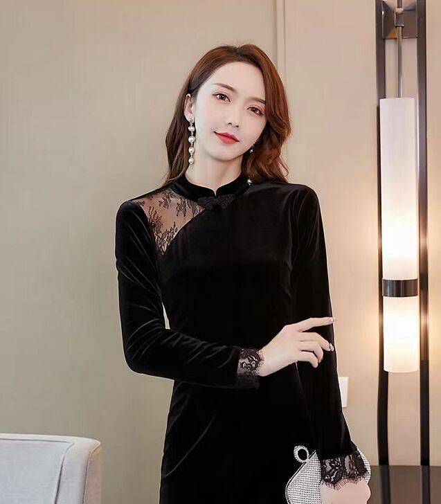 【dress】一目惚れ！長袖レース切り替え韓国ファッションOL通勤マーメイド無地ワンピースF1551