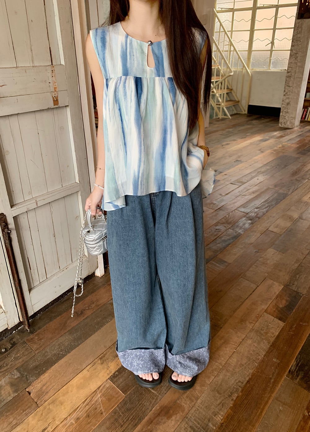 【set】ノースリーブトップス+デニムパンツ　M24621
