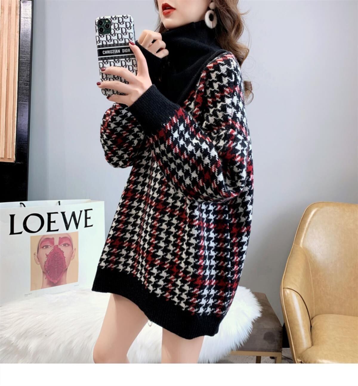 【tops】美人度アップ!韓国系ハイネック偽二つ切り替え秋冬ゆったりルーズ厚手セーター G3658