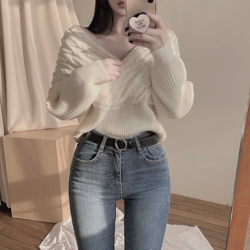 【tops】クロスVネックニットセーター　M26968