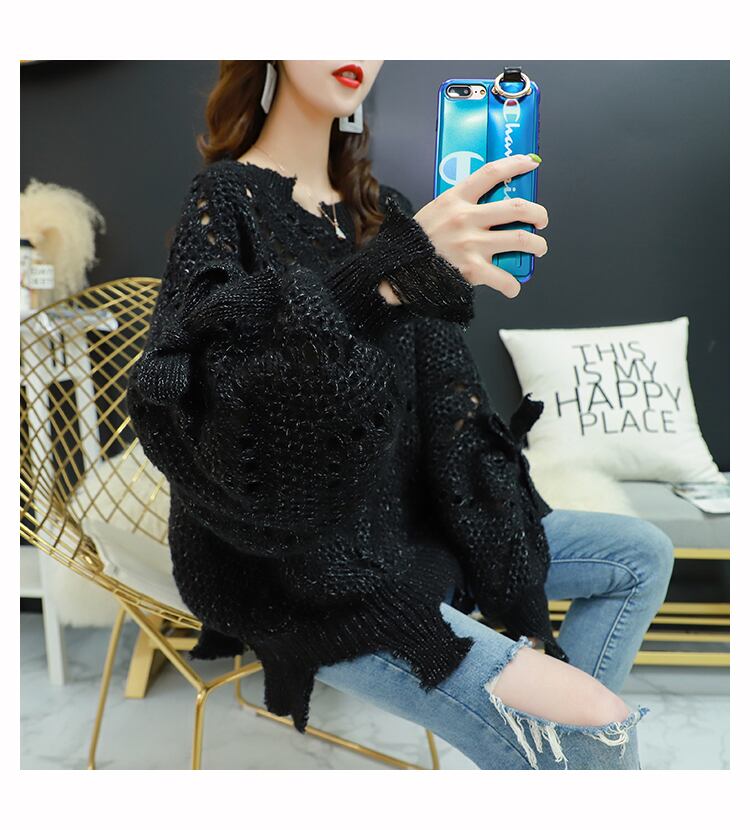 【tops】韓国ファッション3色ラウンドネック長袖透かし彫り薄手ニットセーターF0634