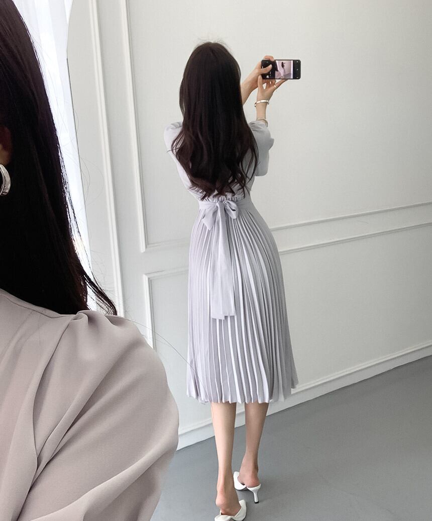 【dress】韓国風気質満点エレガントフェミニンVネックデザインハイウエストワンピースF0039