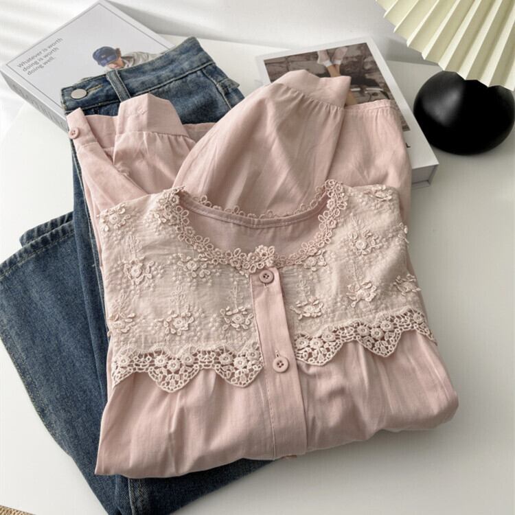 【tops】刺繍レース切り替えシャツブラウス　M29739
