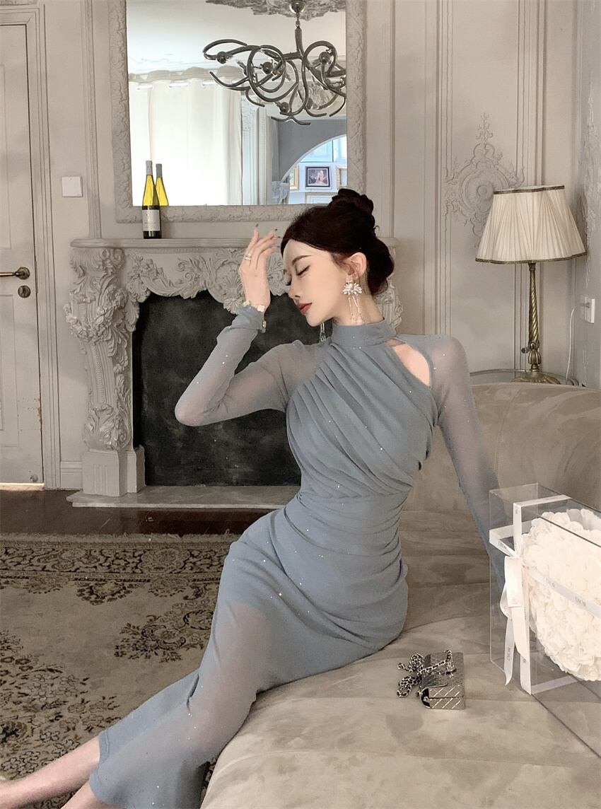 【dress】ギャザーメッシュタイトワンピース G20643