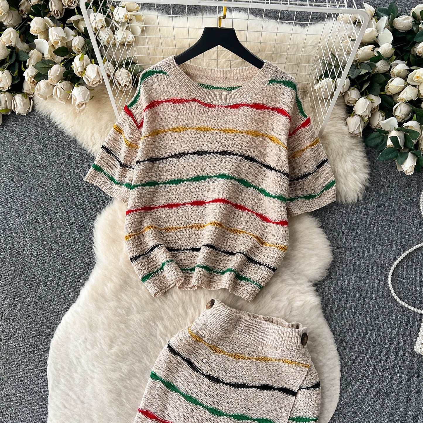 【set】ストライプ柄ニットトップス+スカート２点セットG20661