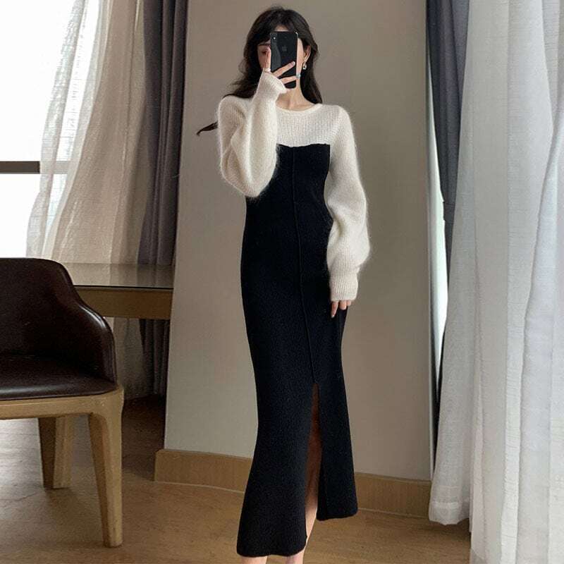 【dress】好感度UP!気質満点カラーマッチングレトロスリット着痩せニットワンピース G3908