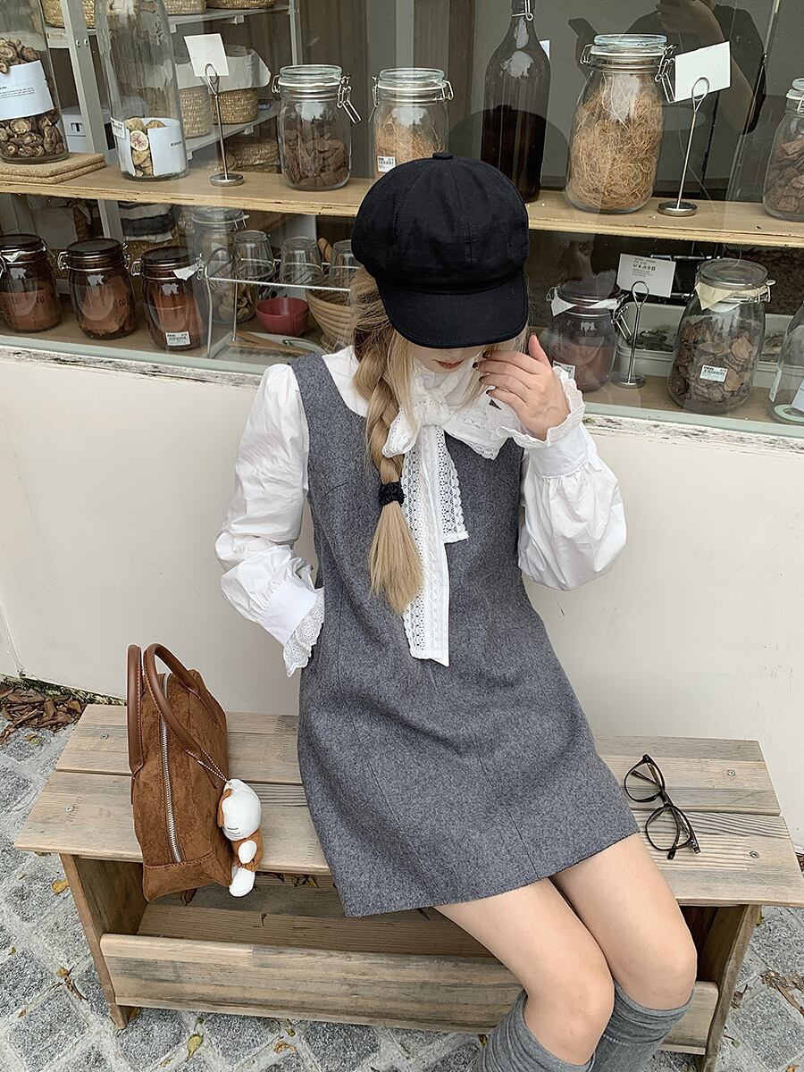 【set】リボン付きシャツトップス×ベストワンピースセット　M27459