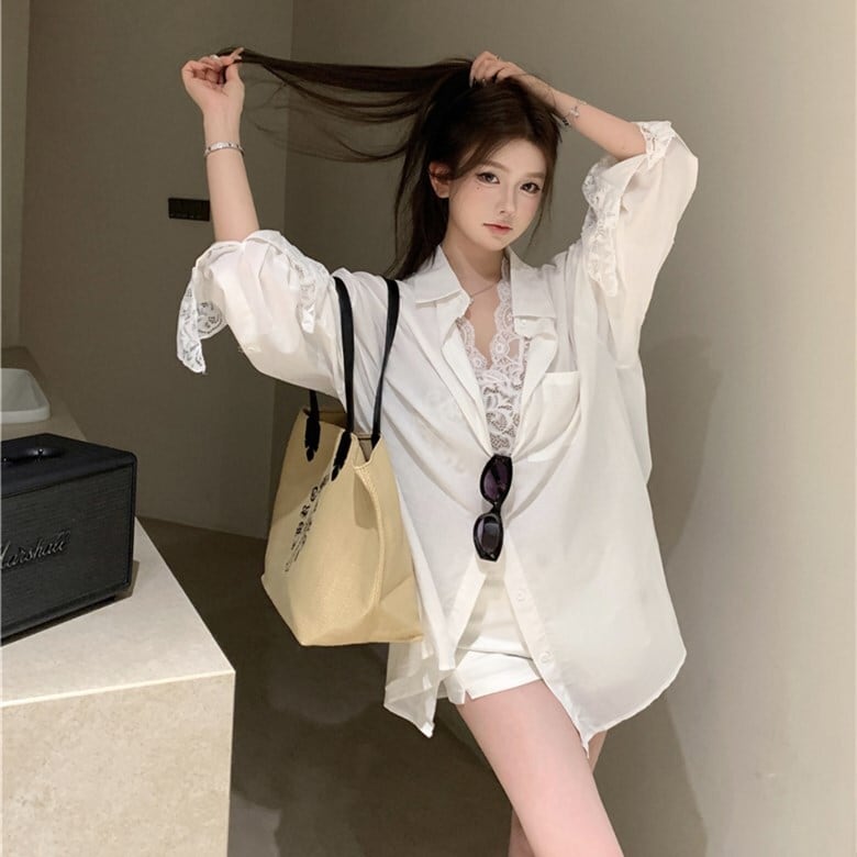 【set】UVカットシャツ×レースノースリーブトップスセット　N2685