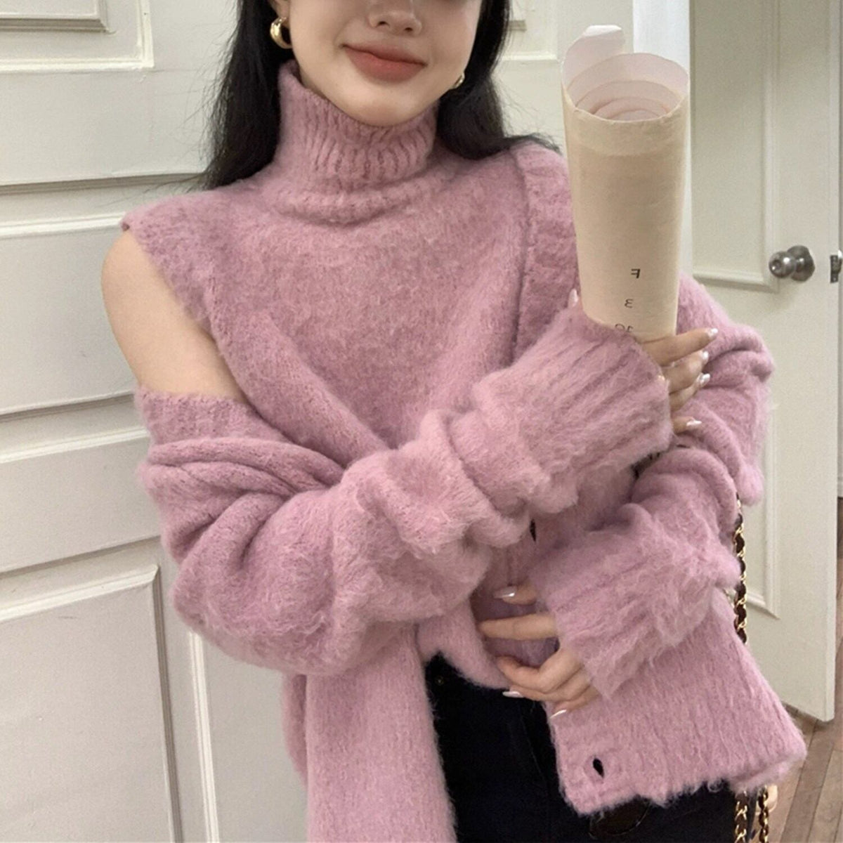 【tops】ハイネックノースリニットトップス×カーディガンセット　N2147