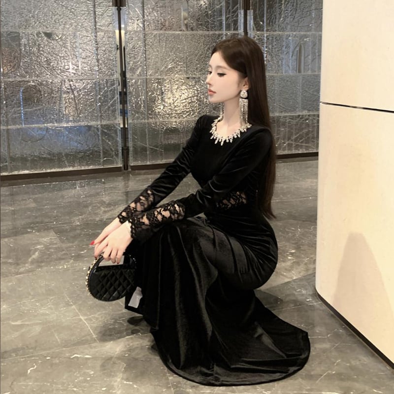 【dress】スパンコール付きレースドッキングベルベットワンピース Q7424