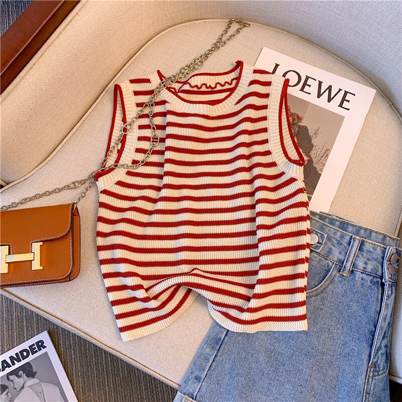 【tops】ボーダー柄ニットタンクトップF7178