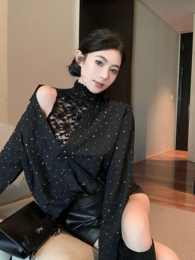 【tops】レース切り替えシャツトップス　M28779