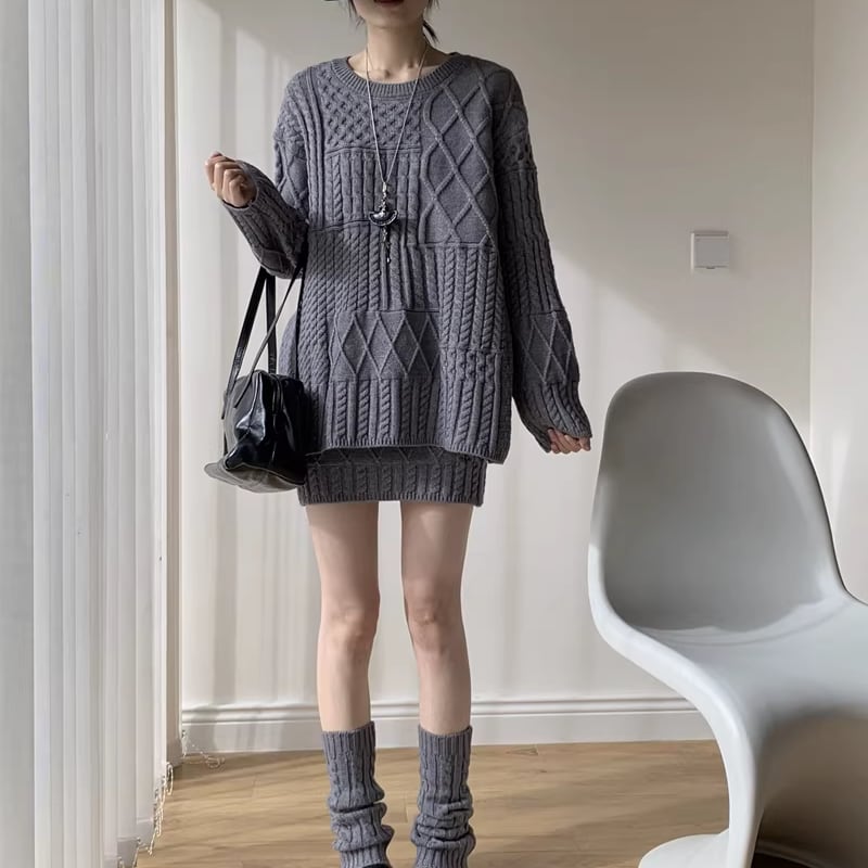 【set】ロングニットトップス×ストレートスカート×レッグウォーマー3点セット Q7720