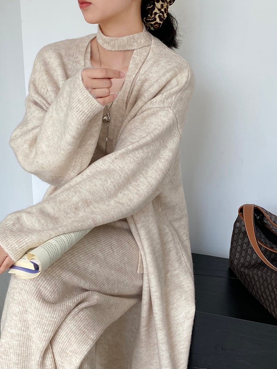 【set】ロングカーディガン×スカーフ付きベスト×ワイドパンツ3点セット Q7235