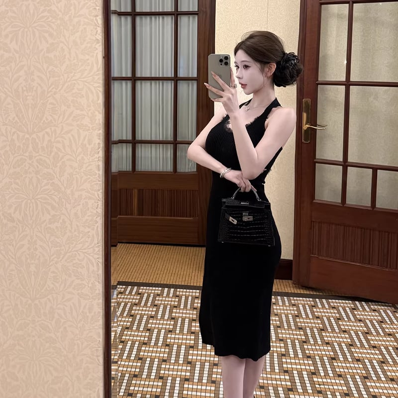 【dress】レースドッキングロングニットワンピース Q8002