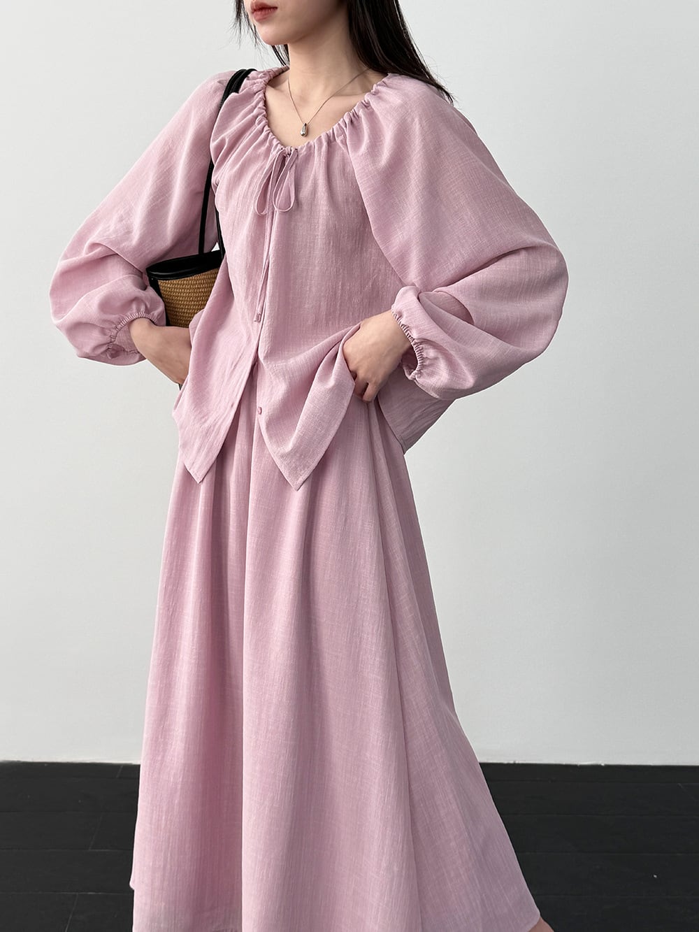 【set】リボン付きトップス×ロングスカートセット Q8324