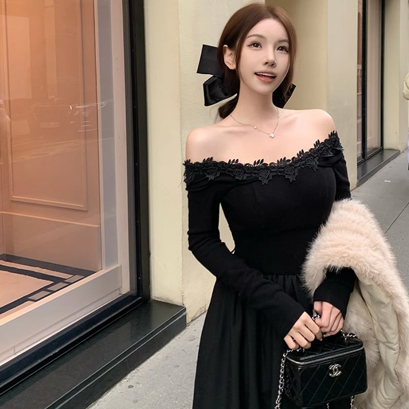 【dress】レースドッキングオフショルダーロングワンピース Q7644